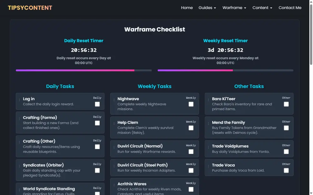 TipsyContent Warframe Checklist